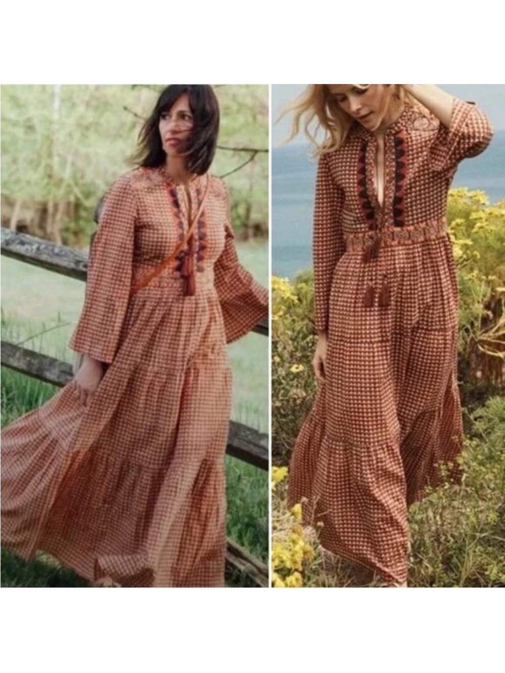 Doen Prem Midi Dress Orange Tassel Long Sleeve Embroidered V Neck Rare Size M​​